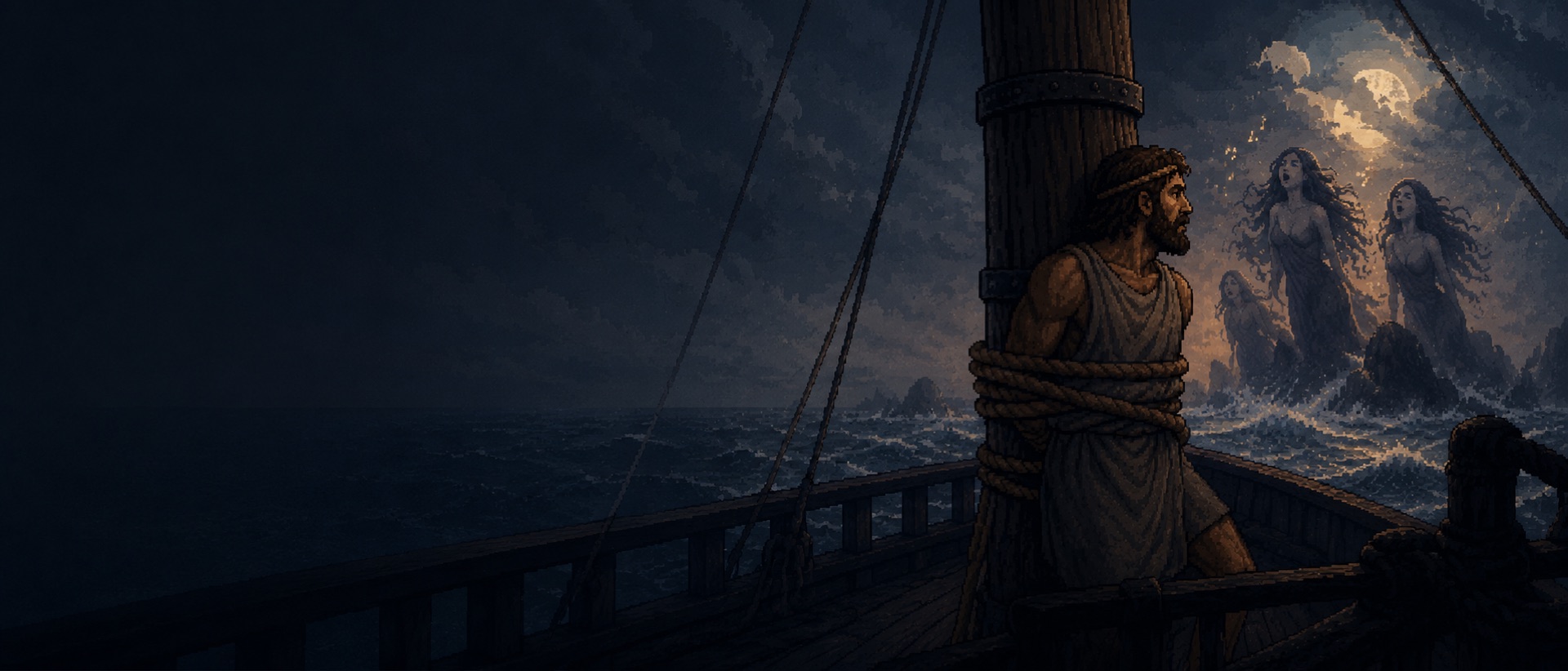 Odysseus lashed to the mast of his ship under a full moon, ropes around his chest, as the Sirens sing from the rocks off the bow.