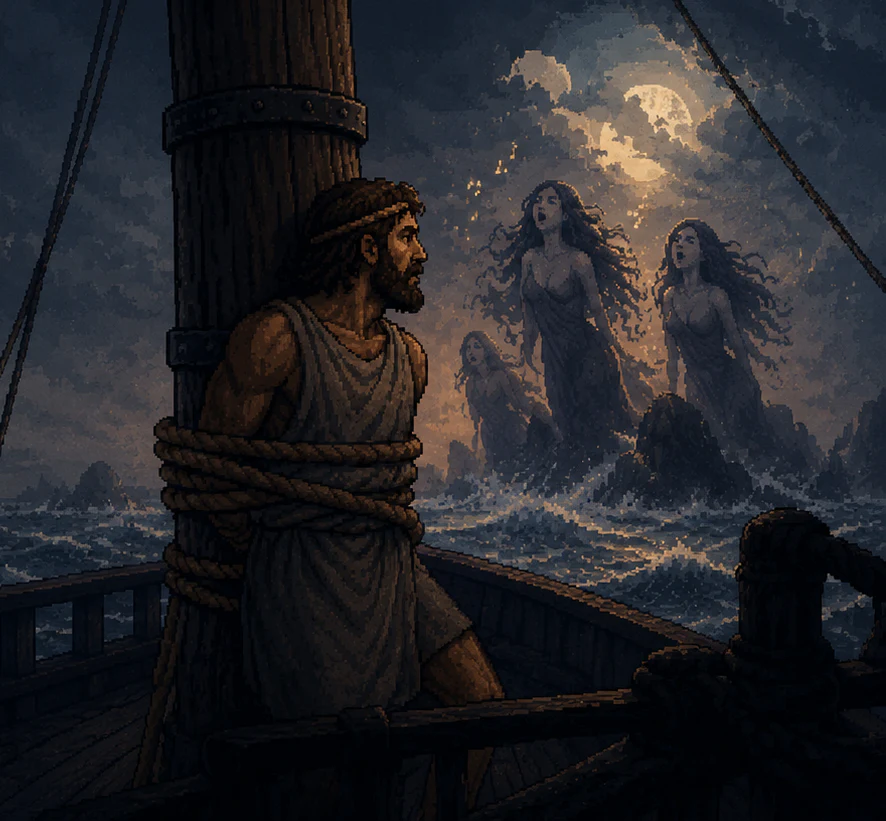 Odysseus bound to the mast with heavy rope, looking past the Sirens on the rocks. The ship's tiller is out of his reach.